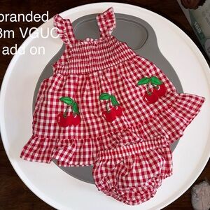 Red Smocked Gingham Cherry Dress Diaper Set for Kids